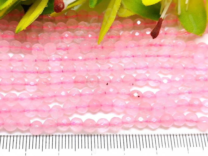 (ОПТ) Бусина округлая ГРАНЁНАЯ 4мм Розовый кварц (камни) (НИТЬ)