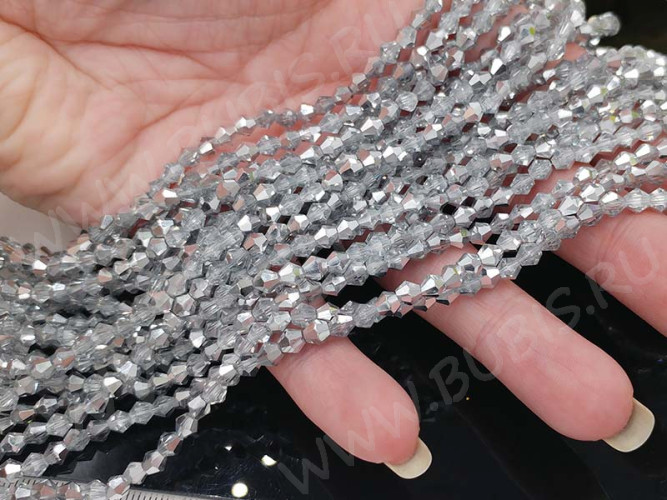 (ОПТ) Бусина кристалл Биконус гранёный 4*4мм Хрусталь прозрачно-серебристый непрозрачный (имитация Сваровски) (НИТЬ)