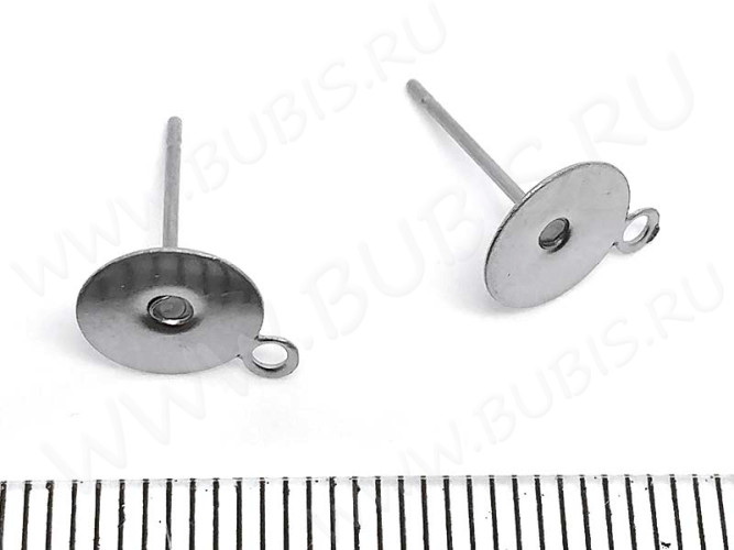 Пуссеты ("гвоздики") №165 с платформой 10мм и петелькой 12,5*12,5*0,6мм цвет платины (хирургическая сталь) (1 пара)