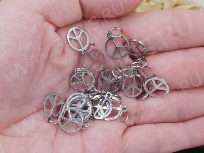 Подвеска Пацифик 10 Символ Мира с колечком 14*12*1,1мм цвет платины (Хирургическая сталь)