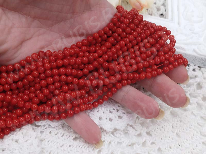 (ОПТ) Бусина округлая 4-5мм Коралл т.красный натуральный (камни) (НИТЬ)