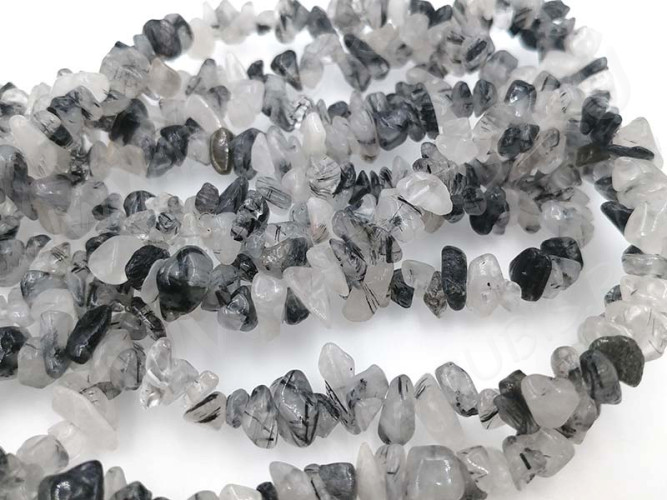 Крошка (галтовка) каменная 168 5-9мм Кварц с шерлом натуральный (камни) (нить 43-45см)