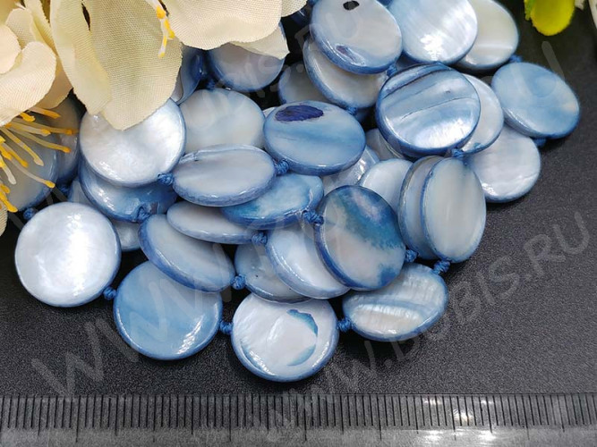 (СКИДКИ!!!) Бусина Круг 15 перламутр 15*15*3мм св.синий (камни) (перламутр и ракушки) (10шт.)