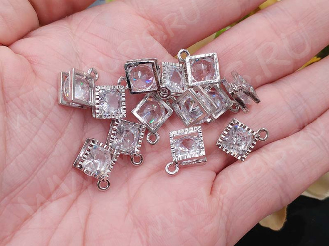 Подвеска Ромб 04 3D с кубическим цирконием 14*12*5,5мм цвет платины (сплав и фианит)