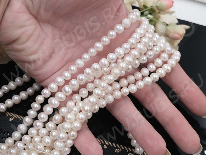 (ОПТ) Бусина Жемчуг 44 пресноводный тыковки 6-7мм белый натуральный (камни) (нить 35-37см)