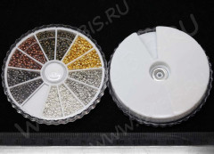 (ОПТ) Комплект ФУРНИТУРЫ 02 в контейнере зажимные бусины 2*2мм всех цветов (Brass) (примерно 3000шт.)