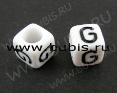 Бусина кубик 6*6мм с буквой "G" бело-чёрный непрозрачный (акрил)