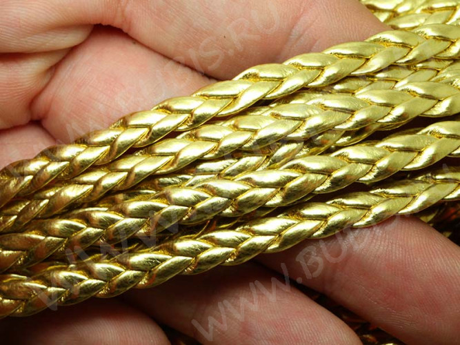 Шнур кожаный 27 кожзам плетёный плоский 5*2мм золотистый (1м)