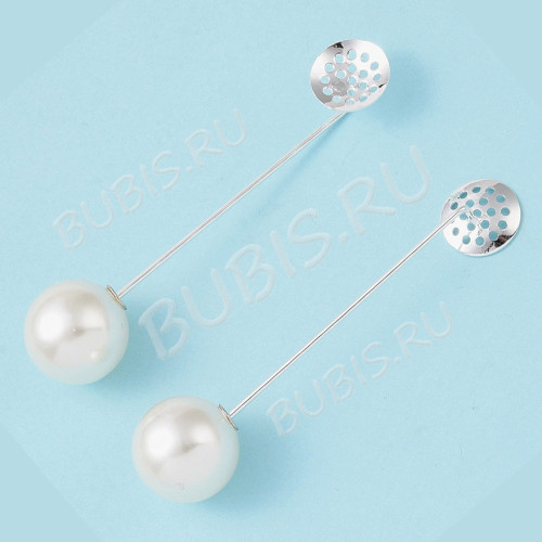 Основа (заготовка) для броши №127 булавка шляпная с ситечком и заглушкой жемчужиной 65*16*12*1мм серебристый (Brass)