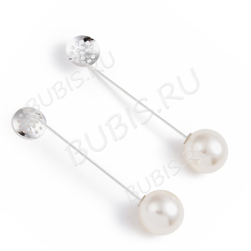 Основа (заготовка) для броши №127 булавка шляпная с ситечком и заглушкой жемчужиной 65*16*12*1мм серебристый (Brass)