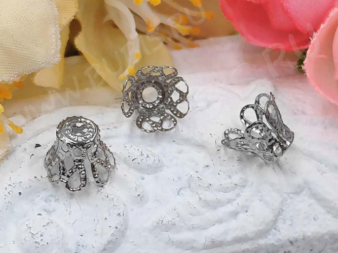 Шапочка тонкая 064 ажурная Колокольчик 8,5*8,5*6,5мм цвет платины (Iron) (имитация скани) (10шт.)