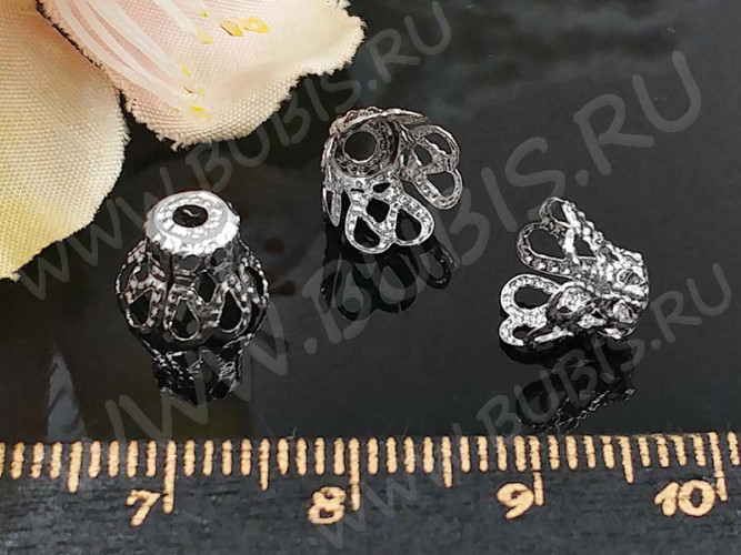 Шапочка тонкая 064 ажурная Колокольчик 8,5*8,5*6,5мм цвет платины (Iron) (имитация скани) (10шт.)