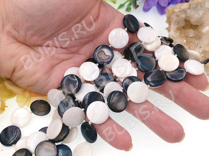 (СКИДКИ!!!) Бусина Круг 16 перламутр 15*15*3мм МИКС бело-чёрный (камни) (перламутр и ракушки) (10шт.)