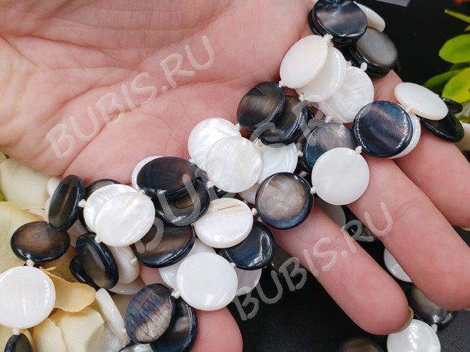 (СКИДКИ!!!) Бусина Круг 16 перламутр 15*15*3мм МИКС бело-чёрный (камни) (перламутр и ракушки) (10шт.)