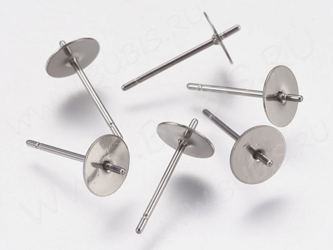 Пуссеты ("гвоздики") №166 с платформой 6мм и штырьком 13,5*6*0,6мм цвет платины (Хирургическая сталь) (1 пара)