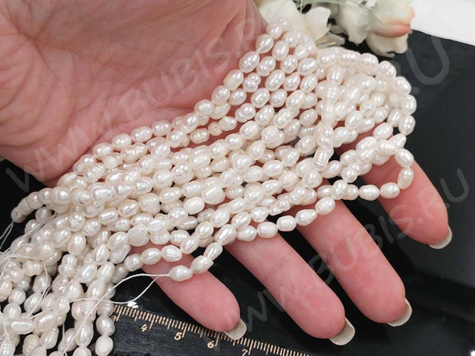 (ОПТ) Бусина Жемчуг 45 речной овальный 5,5-6,5*4,5-5мм натуральный (камни) (нить 33-34см)