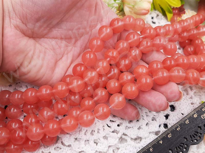 (ОПТ) Бусина округлая ГЛАДКАЯ 12мм Халцедон розовый (камни) (НИТЬ)