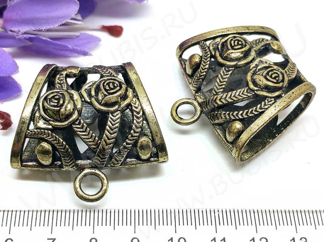 Бусина с петлёй 059 Бейл с розами для платка 39*37*18мм античная бронза (литьё)