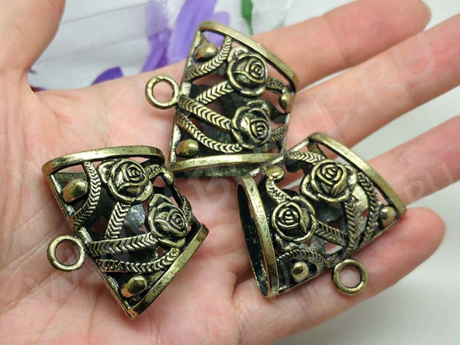 Бусина с петлёй 059 Бейл с розами для платка 39*37*18мм античная бронза (литьё)