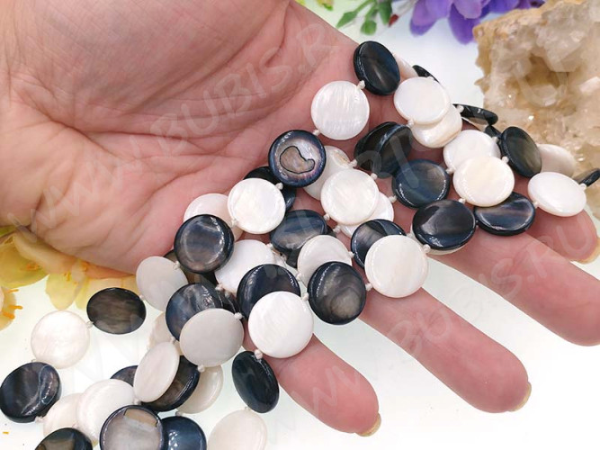 (ОПТ) Бусина Круг 16 перламутр 15*15*3мм МИКС бело-чёрный (камни) (перламутр и ракушки) (НИТЬ)