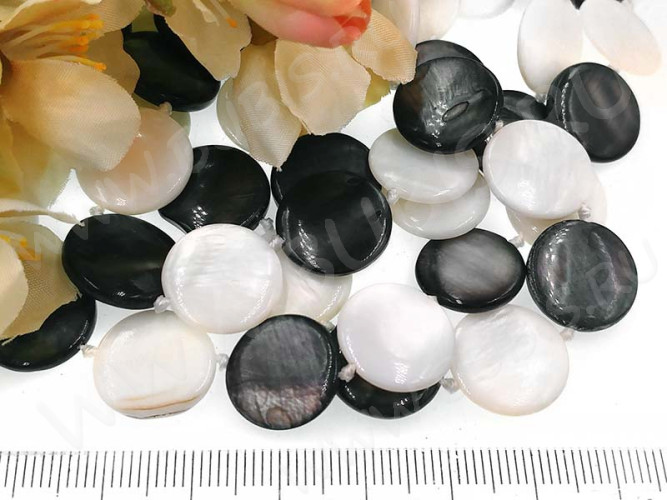 (ОПТ) Бусина Круг 16 перламутр 15*15*3мм МИКС бело-чёрный (камни) (перламутр и ракушки) (НИТЬ)