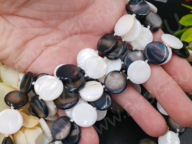 (ОПТ) Бусина Круг 16 перламутр 15*15*3мм МИКС бело-чёрный (камни) (перламутр и ракушки) (НИТЬ)