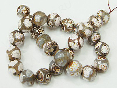 (ОПТ) Бусина округлая ГРАНЁНАЯ 10мм Агат Жираф бело-коричневый (камни) (НИТЬ)
