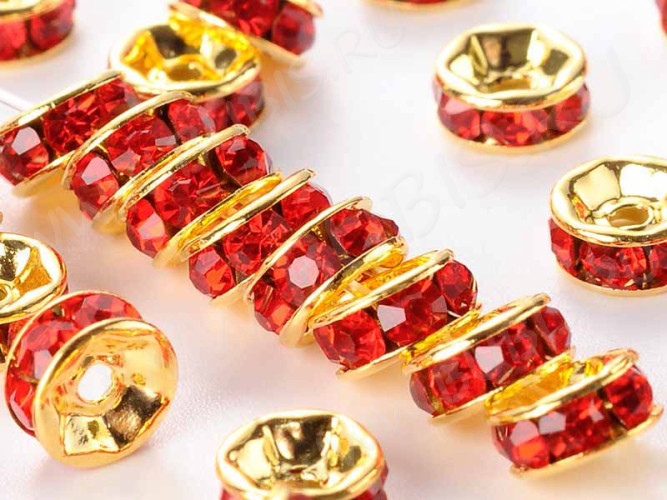 Рондель со стразами 08 круглый с фианитами 5*5*2,3мм золотистый с красным (Brass)(10шт)