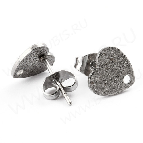 Пуссеты ("гвоздики") №199 Сердце с текстурой и отверстием с крепёжками (зажимами) 12*10*9*0,7мм цвет платины (Хирургическая сталь) (1 пара)