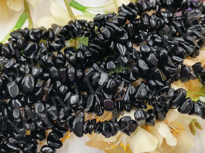 Крошка (галтовка) каменная 212 5-9мм Обсидиан чёрный натуральный (камни) (длинная нить прим. 90см)