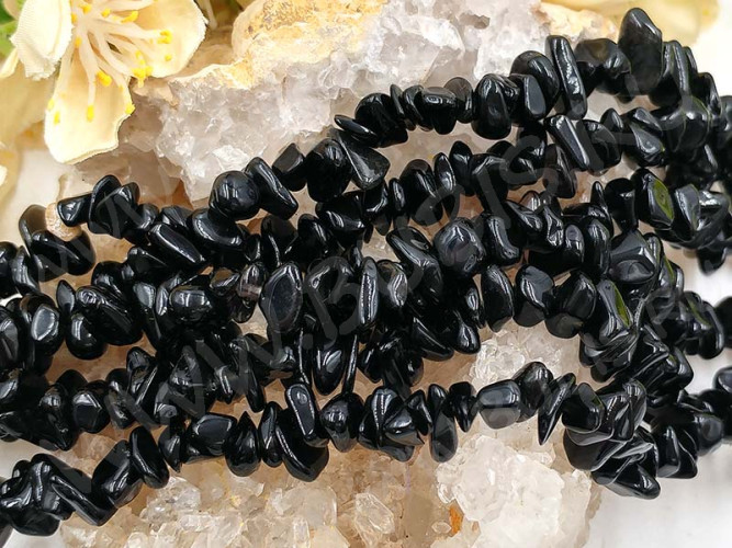 Крошка (галтовка) каменная 212 5-9мм Обсидиан чёрный натуральный (камни) (длинная нить прим. 90см)