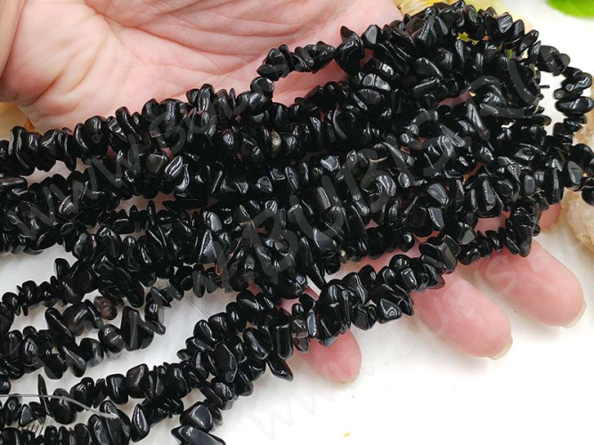 Крошка (галтовка) каменная 212 5-9мм Обсидиан чёрный натуральный (камни) (длинная нить прим. 90см)