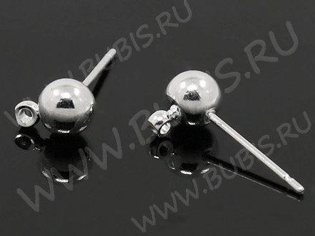 Пуссеты ("гвоздики") №055 с шариком 5мм и петлёй 16*7*0,7мм серебристые (Brass) (1 пара)