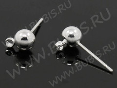 Пуссеты (&quot;гвоздики&quot;) №055 с шариком 5мм и петлёй 16*7*0,7мм серебристые (Brass) (1 пара)