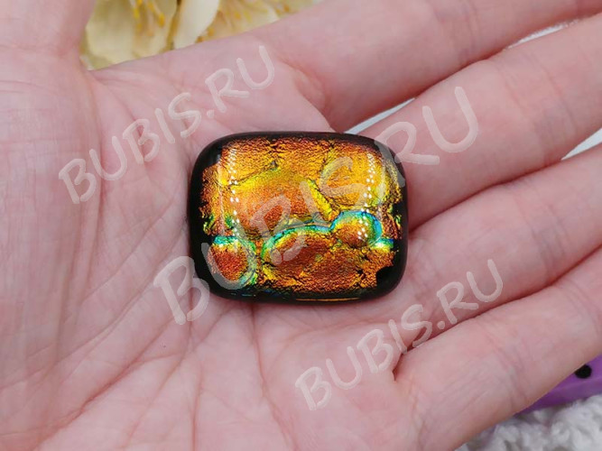 Кабошон Фьюзинг 039 Прямоугольный 34*26*8мм Дихроик на черном Оранжевый с зеленым Рельеф FC