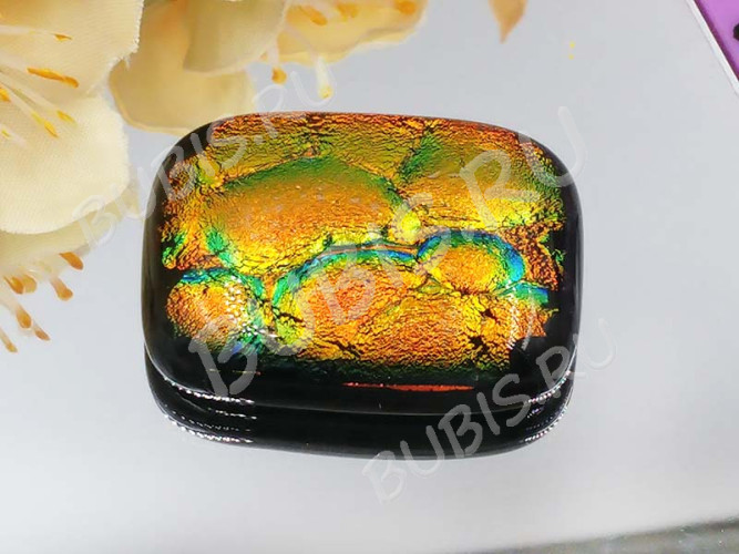 Кабошон Фьюзинг 039 Прямоугольный 34*26*8мм Дихроик на черном Оранжевый с зеленым Рельеф FC