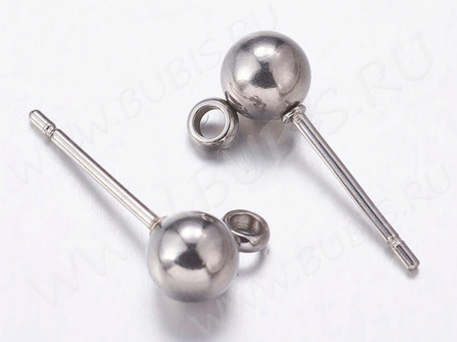 Пуссеты ("гвоздики") №176 с шариком 5мм и петелькой 16*7,5*0,7мм цвет платины (Хирургическая сталь) (1 пара)