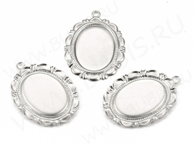 Подвеска-сеттинг Овал 62 с узорами (сеттинг 18*13мм) 28*20*1,1мм цвет платины (Хирургическая сталь)