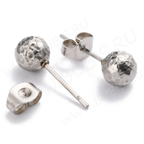 Пуссеты ("гвоздики") №200 с шариком 6мм текстурой и крепёжками (зажимами) 17*6*0,7мм цвет платины (Хирургическая сталь) (1 пара)
