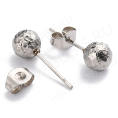 Пуссеты (&quot;гвоздики&quot;) №200 с шариком 6мм текстурой и крепёжками (зажимами) 17*6*0,7мм цвет платины (Хирургическая сталь) (1 пара)
