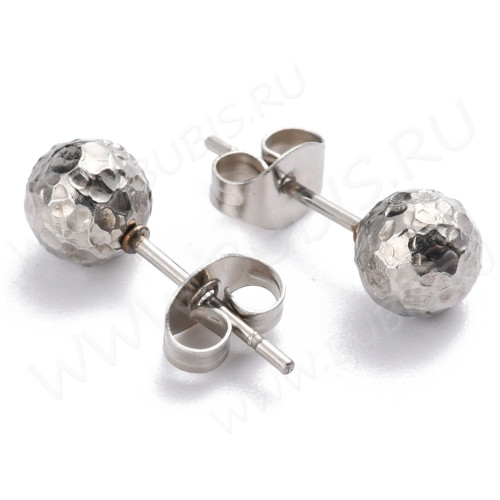 Пуссеты ("гвоздики") №200 с шариком 6мм текстурой и крепёжками (зажимами) 17*6*0,7мм цвет платины (Хирургическая сталь) (1 пара)
