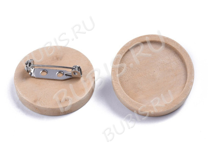 Основа (заготовка) для броши №128 булавка с деревянным сеттингом 30мм Круг 35*35*11мм светлое дерево (Хирургическая сталь и дерево)