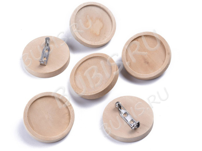 Основа (заготовка) для броши №128 булавка с деревянным сеттингом 30мм Круг 35*35*11мм светлое дерево (Хирургическая сталь и дерево)