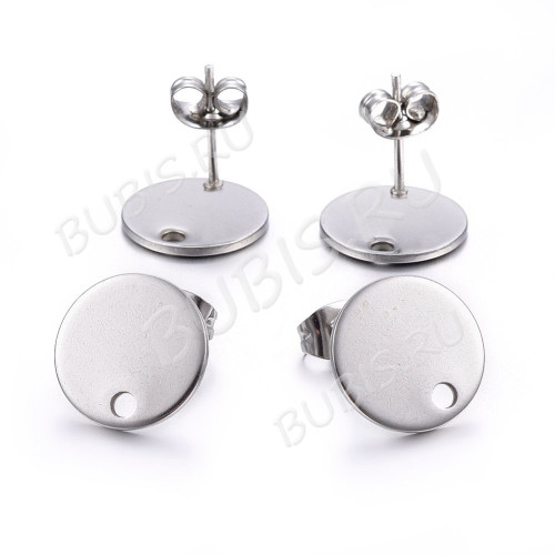 Пуссеты ("гвоздики") №214 с платформой 12мм и отверстием 12*12*0,7мм и крепёжками (зажимами) цвет платины (Хирургическая сталь) (1 пара)