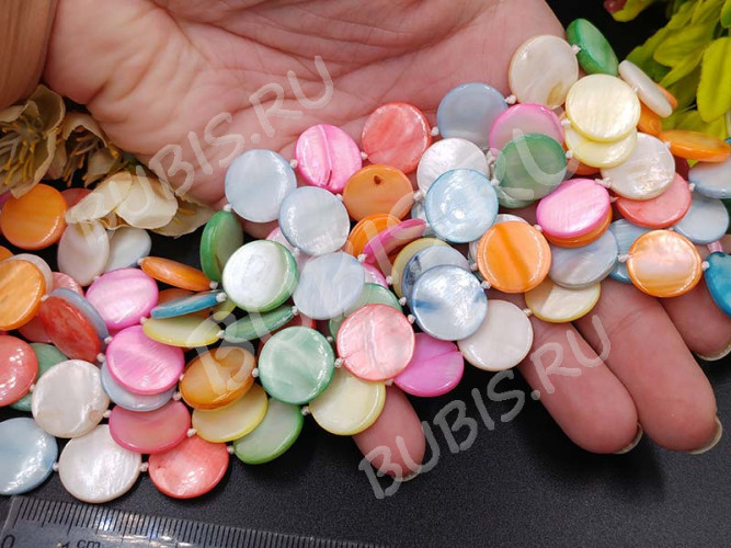 (ОПТ) Бусина Круг 17 перламутр 15*15*3мм яркий МИКС (камни) (перламутр и ракушки) (НИТЬ)