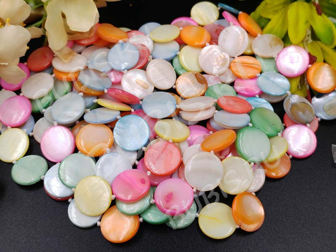 (ОПТ) Бусина Круг 17 перламутр 15*15*3мм яркий МИКС (камни) (перламутр и ракушки) (НИТЬ)