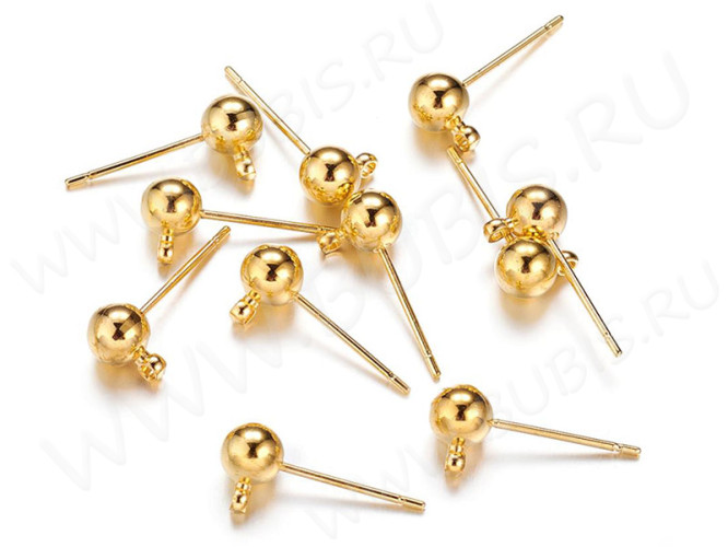 Пуссеты ("гвоздики") №055-G с шариком 5мм и петлёй 16*7*0,7мм золотистые (Brass) (1 пара)