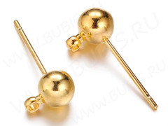 Пуссеты ("гвоздики") №055-G с шариком 5мм и петлёй 16*7*0,7мм золотистые (Brass) (1 пара)