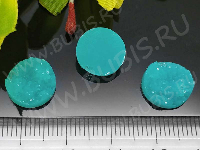 Кабошон декоративный 19 Круг с кристаллами 12*12*4,5мм голубо-бирюзовый НЕпрозрачный (резин)