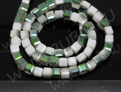 Бусина каменная Кубик 06 гранёный одна сторона с покрытием 6*6*6мм Циркон бело-зелёный непрозрачный (камни)